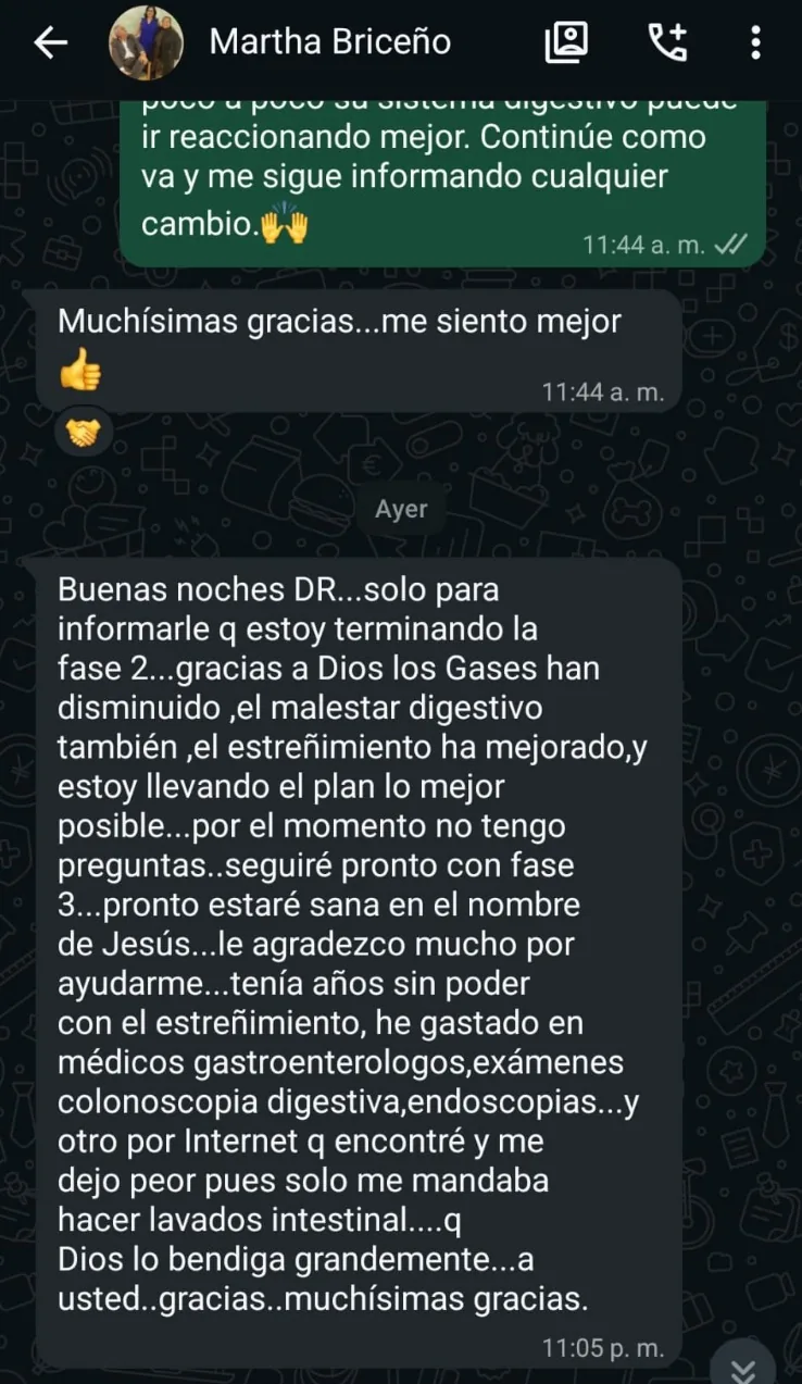 Captura de WhatsApp: una paciente que termina la fase 2 cuenta que los gases, el malestar digestivo y el estreñimiento han mejorado tras años de consultas y pruebas sin solución.
